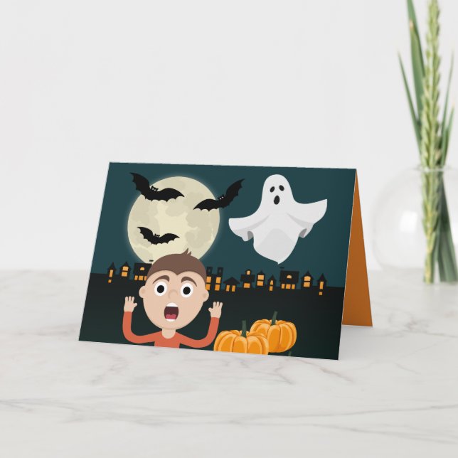 Halloween Ghost Måne Fladdermus Illustration Card Helgkort (Framsida)