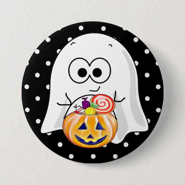 Halloween Ghost med Pumpkin Candy Bucket Button Knapp (Framsida)