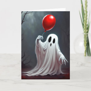 Halloween Ghost med röd ballon Helgkort