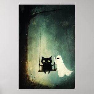 Halloween Ghost och Black Cat på en sväng Poster