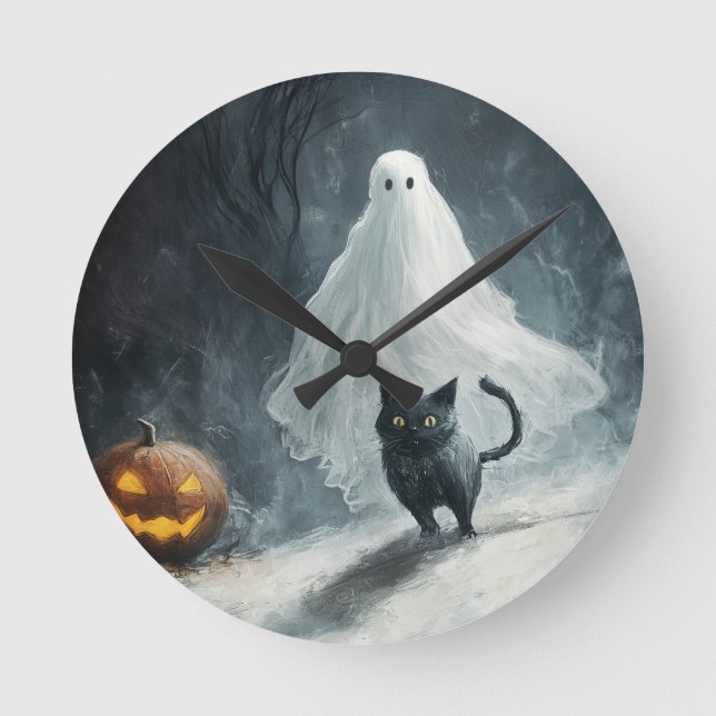 Halloween Ghost och Black Cat Rund Klocka (Framsida)