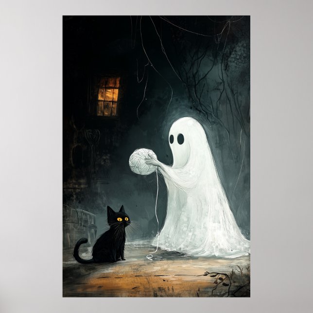 Halloween Ghost och Black Cat som leker med garn Poster (Framsidan)