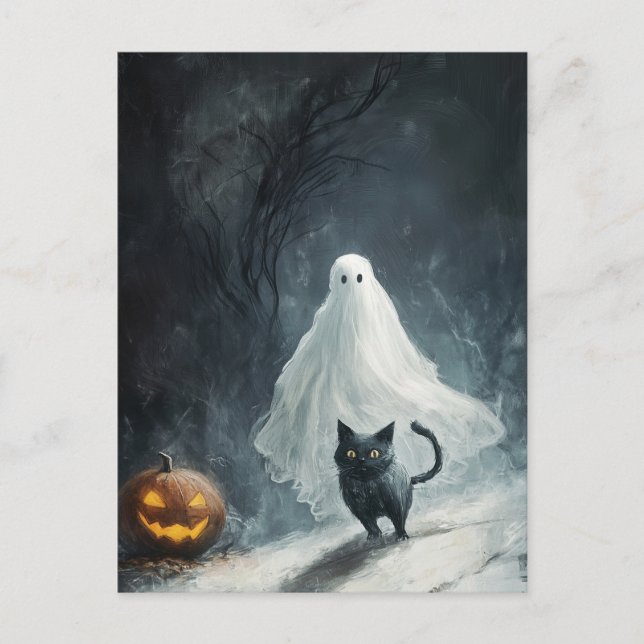 Halloween Ghost och Black Cat Vykort (Framsida)