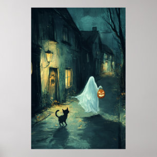 Halloween Ghost och Cat Bus eller godis Poster