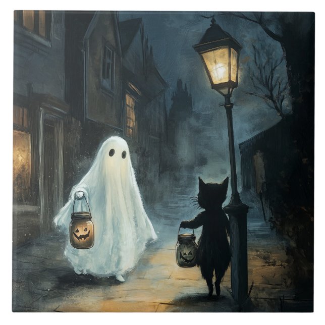 Halloween Ghost och Cat-räknare Kakelplatta (Framsidan)