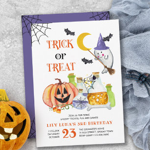 Halloween Ghost och Potion Bus eller godis Birthda Inbjudningar