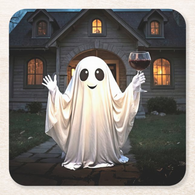 Halloween Ghost och Vin Underlägg Papper Kvadrat (Framsidan)