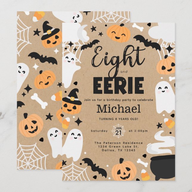 Halloween Ghost Pumpkin 8:e Födelsedagsfesten Inbjudningar (Fram/baksida)