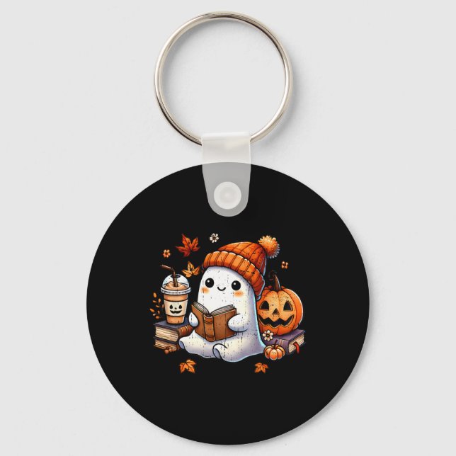 Halloween Ghost Reading Bok Älskare Cute Ghost Cof Nyckelring (Framsida)