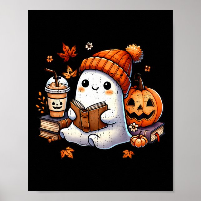 Halloween Ghost Reading Bok Älskare Cute Ghost Cof Poster (Framsidan)