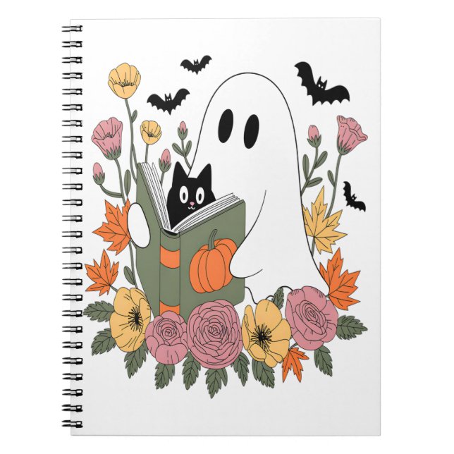 Halloween Ghost Reading Bok Cat Anteckningsbok (Framsidan)