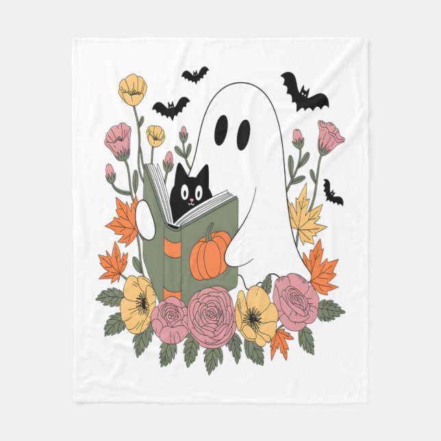 Halloween Ghost Reading Bok Cat Fleecefilt (Framsidan)