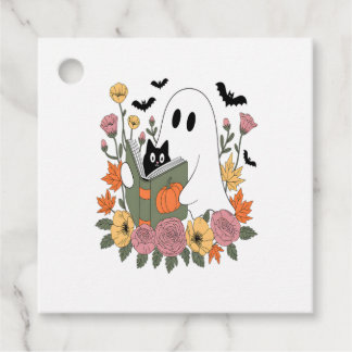 Halloween Ghost Reading Book Cat Gåvor Etiketter