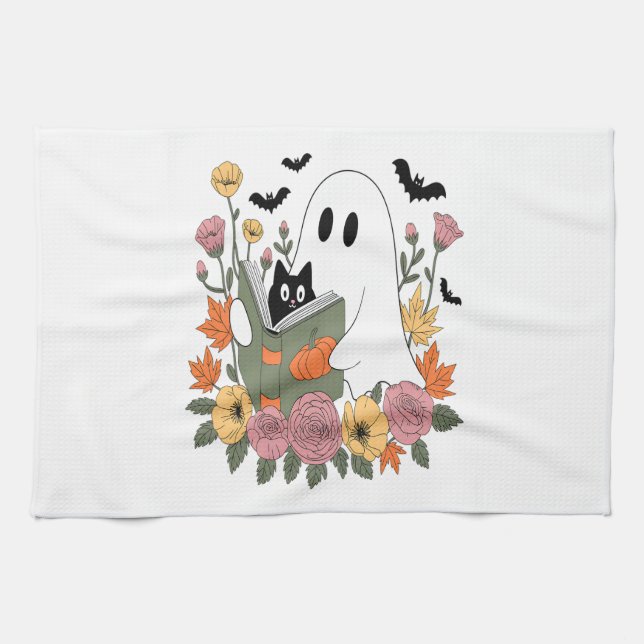 Halloween Ghost Reading Book Cat Kökshandduk (Horisontell)
