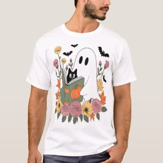 Halloween Ghost Reading Book Cat T Shirt