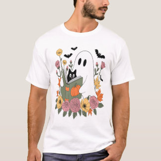 Halloween Ghost Reading Book Cat T Shirt