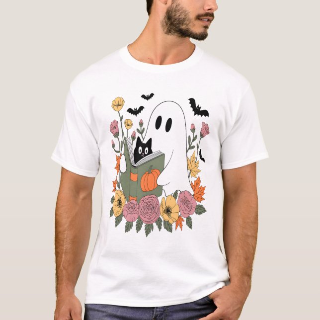 Halloween Ghost Reading Book Cat T Shirt (Framsida)
