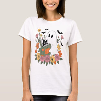 Halloween Ghost Reading Book Cat T Shirt