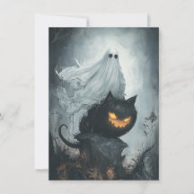 Halloween Ghost Riding a Black Cat
