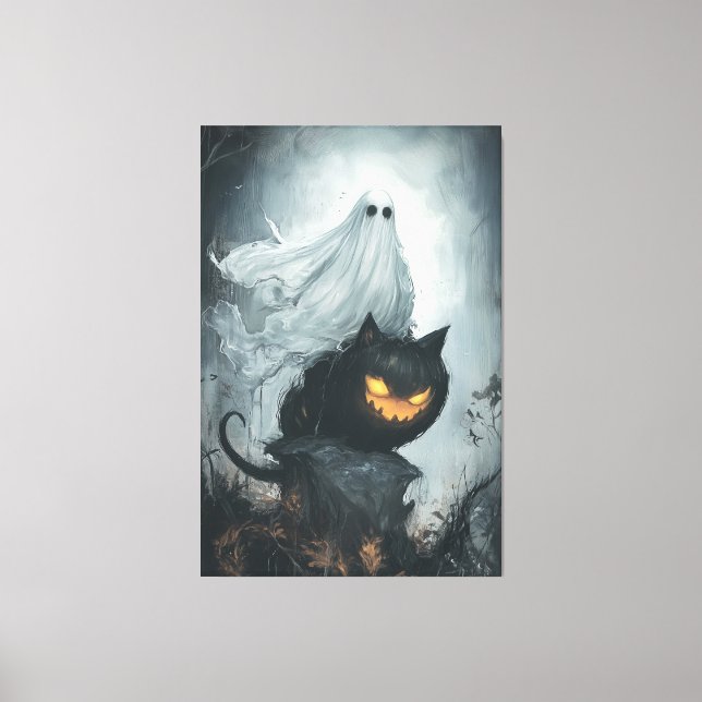Halloween Ghost Riding a Black Cat Canvastryck (Framsida)