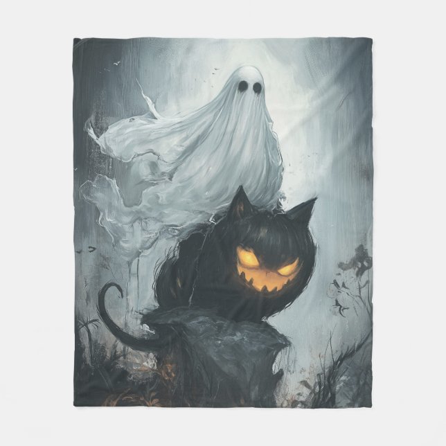 Halloween Ghost Riding a Black Cat Fleecefilt (Framsidan)
