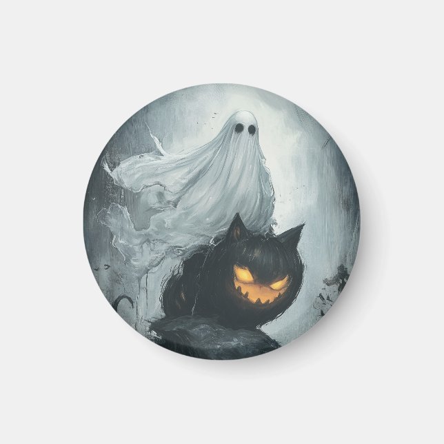 Halloween Ghost Riding a Black Cat Magnet (Framsidan)