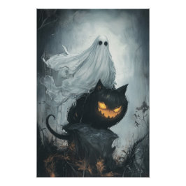 Halloween Ghost Riding a Black Cat Perfect Poster