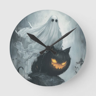 Halloween Ghost Riding a Black Cat Rund Klocka
