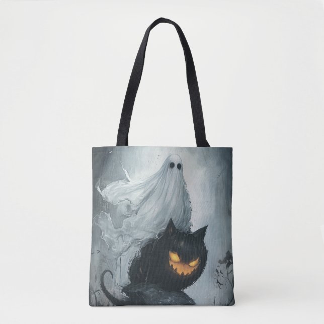 Halloween Ghost Riding a Black Cat Tygkasse (Framsida)
