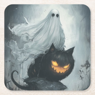 Halloween Ghost Riding a Black Cat Underlägg Papper Kvadrat