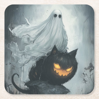 Halloween Ghost Riding a Black Cat Underlägg Papper Kvadrat