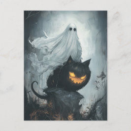 Halloween Ghost Riding a Black Cat Vykort