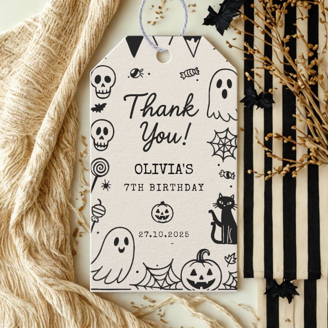 Halloween Ghost & Skeleton Birthday Tack Presentetikett (Skapare uppladdad)