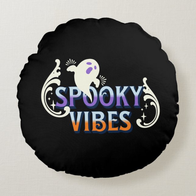 Halloween Ghost Spooky Vibes Typography Lettering Rund Kudde (Framsidan)