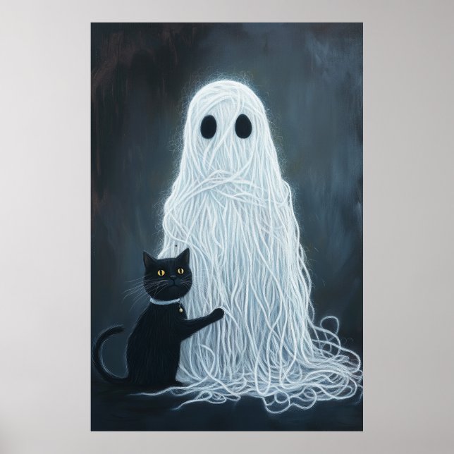 Halloween Ghost täckt av garn och svart katt Poster (Framsidan)