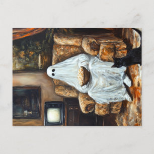 Halloween Ghost tittar på TV med Popcorn Meddelande Vykort