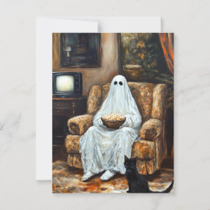 Halloween Ghost tittar på TV med Popcorn Vykort