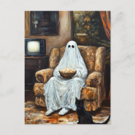 Halloween Ghost tittar på TV med Popcorn Vykort