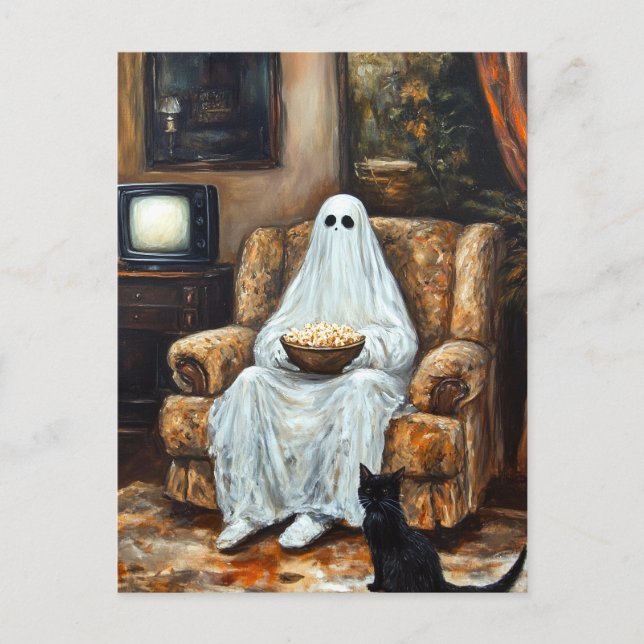 Halloween Ghost tittar på TV med Popcorn Vykort (Framsida)