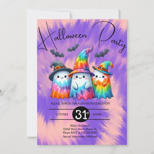 Halloween Ghost Trio Party Tie Dye Hand plockade Inbjudningar (Framsida)