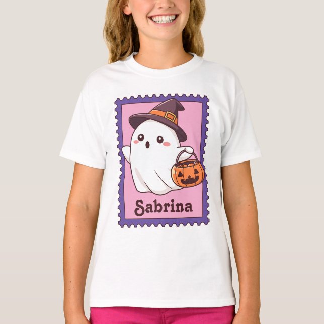 Halloween Ghost Witch Custom Name Stamp T Shirt (Framsida)