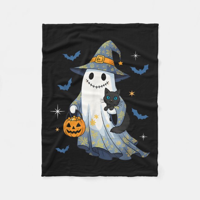 Halloween Ghost Witch Holding Black Cat Funny Hall Fleecefilt (Framsidan)