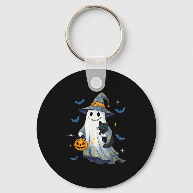 Halloween Ghost Witch Holding Black Cat Funny Hall Nyckelring (Framsida)