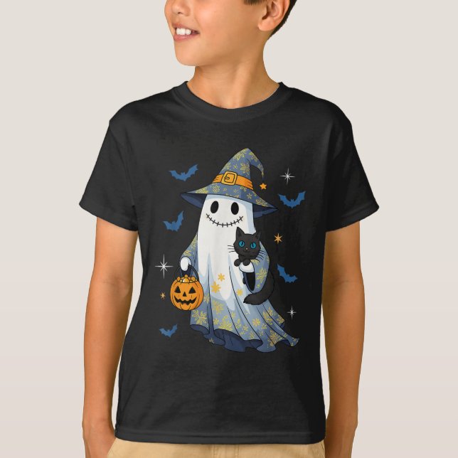 Halloween Ghost Witch Holding Black Cat Funny Hall T Shirt (Framsida)