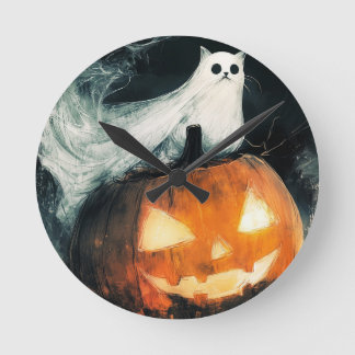 Halloween GhostCat och Jack o lantern Rund Klocka