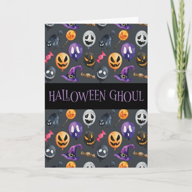 ’Halloween Ghoul’ Grått Halloween Mönster Kort (Framsida)