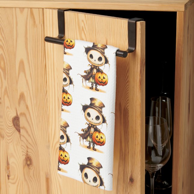 Halloween Ghoul Topp Hatt Jack-o'-Lantern Vit Kökshandduk (Thirds Fold)