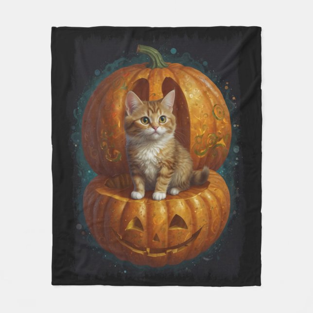 Halloween Ginger Tabby Kitten Living i en Pumpkin Fleecefilt (Framsidan)