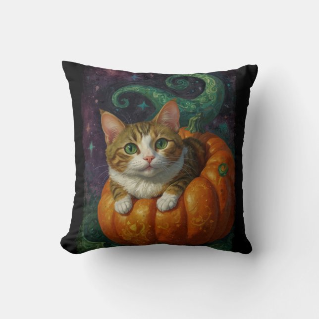 Halloween Ginger & White Kitten Riding a Pumpkin Kudde (Framsida)