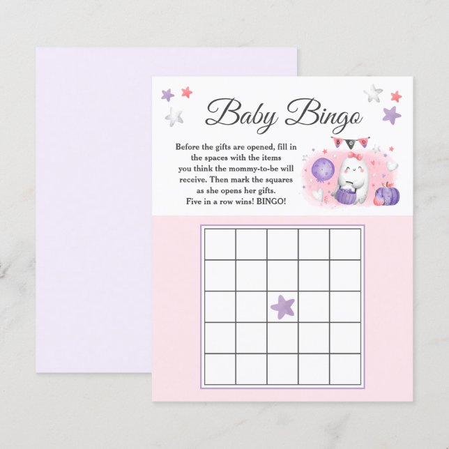 Halloween Girl Baby Shower Rosa Baby Bingo Game (Fram/baksida)